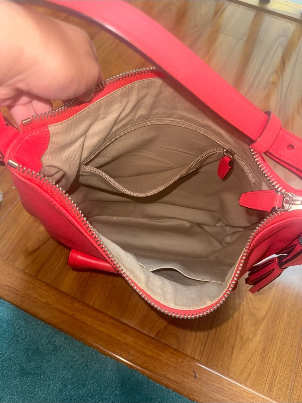 Coach Red Leather Shoulder Bag with Front Pocket and Tassel